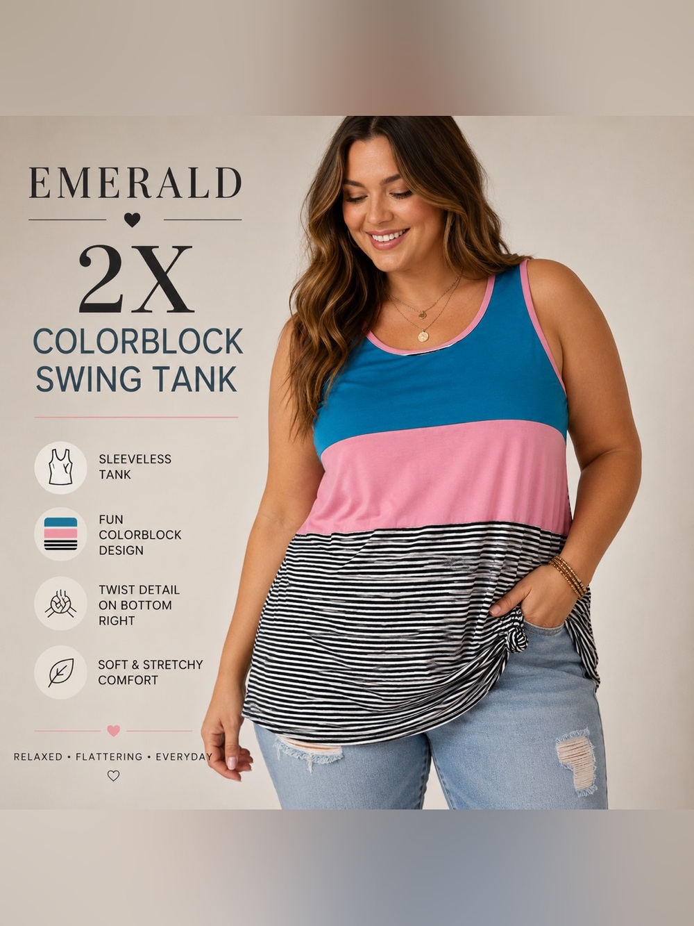 Emerald 2X Colorblock Striped Swing Tank Top Blue Pink Black White